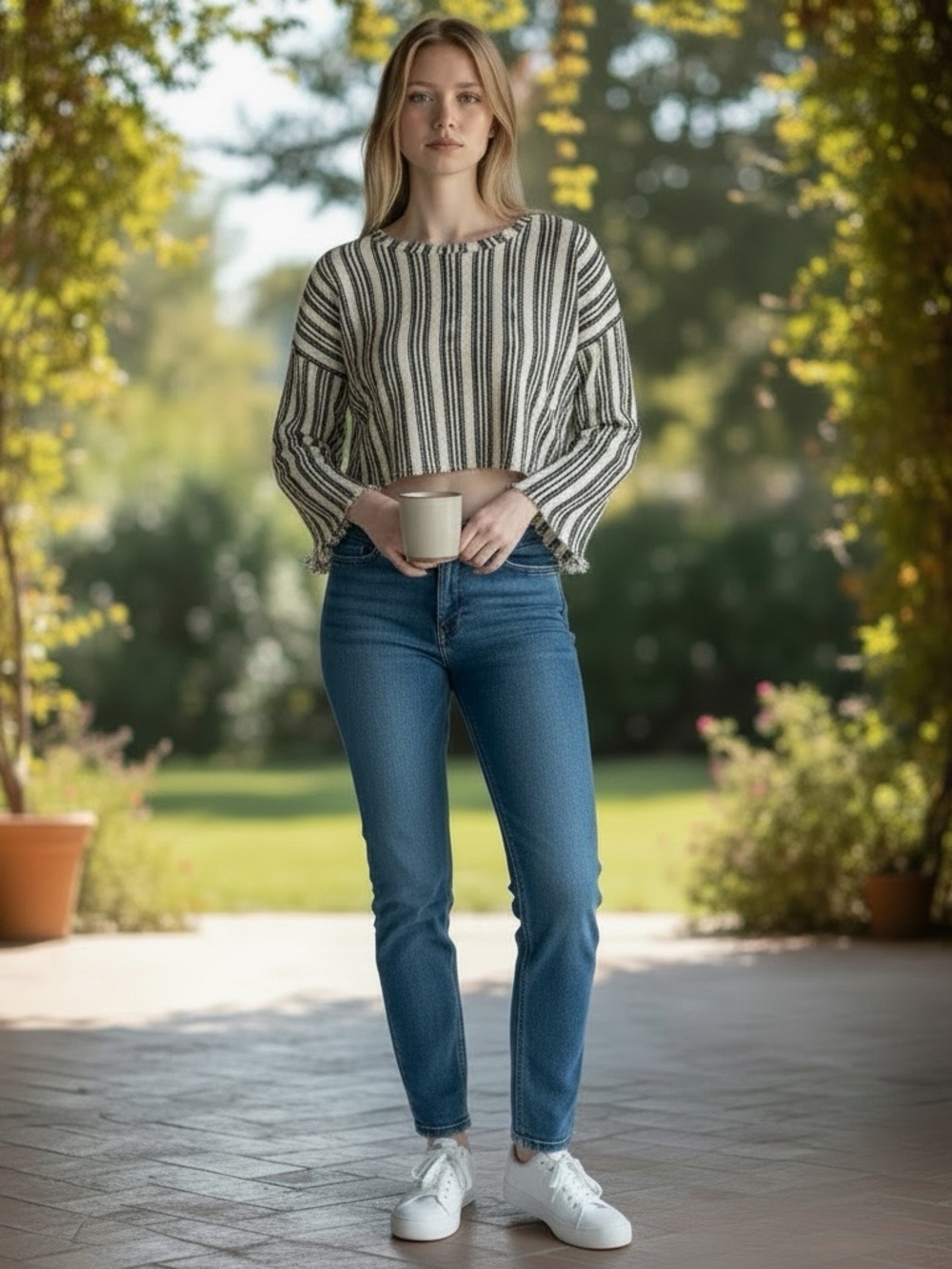 Storia Black & Ivory Cropped Long Sleeve Baja Top Shirt size Small